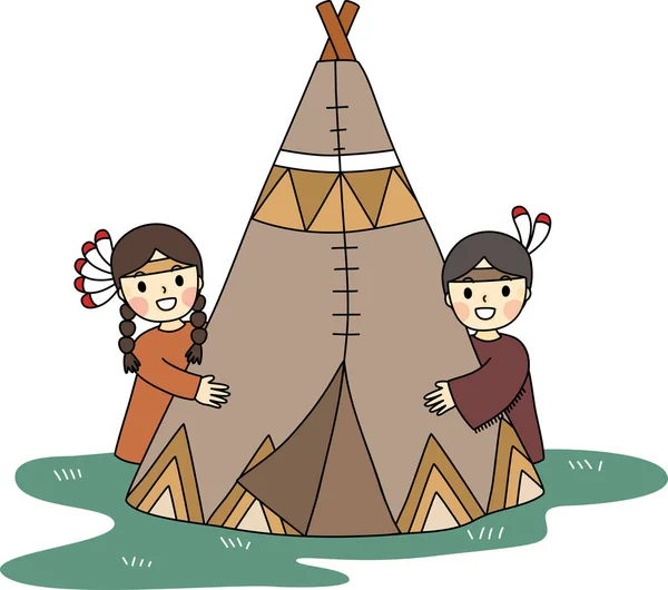 Küçük kızılderili ve evlerinin çizgi filmi. Basit bir el çizimi çizimi vektörü ve minimal simgeler düz stil karakter çizimi.