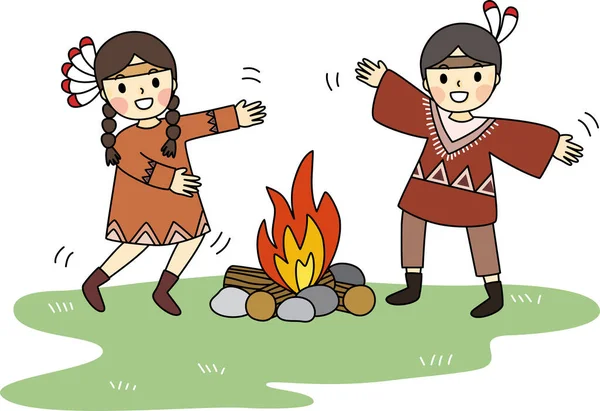 Kamp ateşi etrafında küçük bir Kızılderili çizgi filmi. Basit bir el çizimi çizimi vektörü ve minimal simgeler düz stil karakter çizimi.