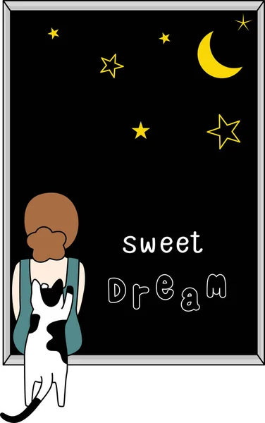 Küçük kız ve yalnız gecedeki kedi çizgi filmi. Basit bir el çizimi çizimi vektörü ve minimal simgeler düz stil karakter çizimi.