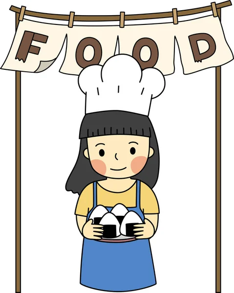 Japon restoranının çizgi filmi ve onigiri ile şef. Basit bir el çizimi çizimi vektörü ve minimal simgeler düz stil karakter çizimi.