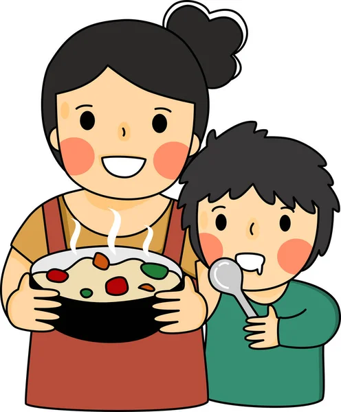 Yemekten zevk alan anne ve çocuk arasındaki koşulsuz sevginin çizgi filmi. Basit el çizimi vektörü ve minimal simgeler düz biçim çizimi.