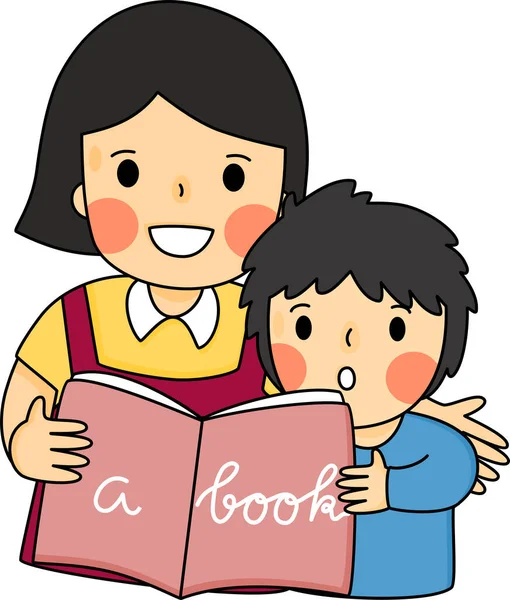 Anne ve çocuk arasındaki koşulsuz sevgi çizgi filmi bir kitap okuyor. Basit el çizimi vektörü ve minimal simgeler düz biçim çizimi.