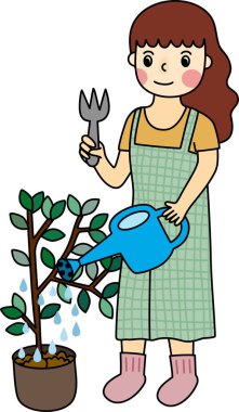 Karalama düz tasarım karakter çizimi taşıyıcısı boş zamanlarında çiçeğini sulayan bir kadın çizimi ve elinde su kabı, ağaç hızla büyüyor ve taze hissediyor 