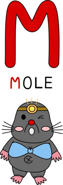 Büyük harfli çizgi film karakterinin taşıyıcısı büyük harfli M köstebek mavi bikinili hayvan kulağı ve kafasında el fenerleri, büyük pençeli küçük memeliler toprak kazma profesyoneli