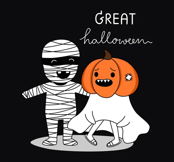 Annemin ve balkabağı hayaletinin Büyük Cadılar Bayramı çizgi filmi. Basit el çizimi vektörü ve minimal simgeler düz biçim çizimi.