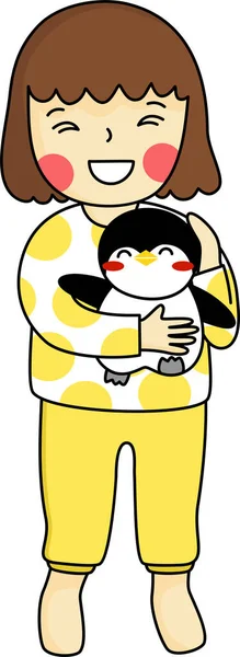 Küçük kız çizgi filmi, en iyi arkadaşı penguen bebeğiyle yatağa girer. Basit el çizimi vektörü ve minimal simgeler düz biçim çizimi.