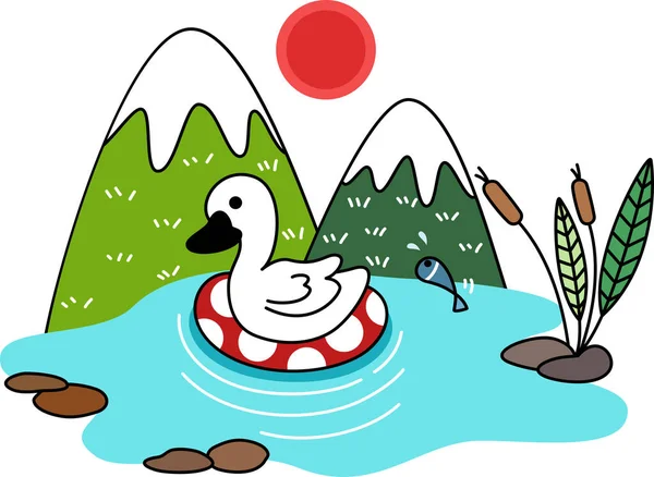 Çirkin ördek yavrusunun çizgi filmi dağın önünde suyun üzerinde yüzüyor. Basit el çizimi vektörü ve minimal simgeler düz biçim çizimi.