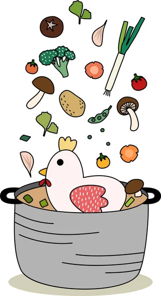 Sebzeli ve otlu tavuk çorbası çizgi filmi. Basit bir el çizimi çizimi vektörü ve minimal simgeler düz stil karakter çizimi.