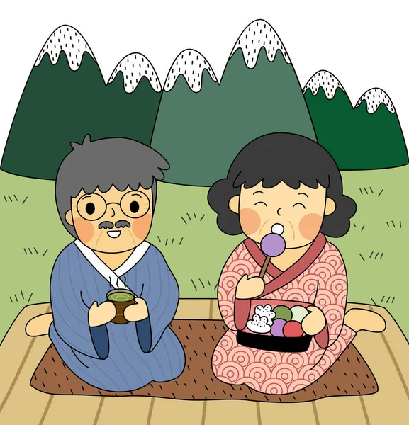 Yaşlı çiftin çizgi filmi doğal olarak birlikte çay içerler. Basit bir el çizimi çizimi vektörü ve minimal simgeler düz stil karakter çizimi.