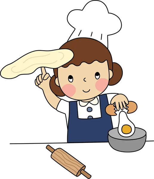 Küçük kızın çizgi filmi fırın sınıfında ekmek pişirmeye çalışıyor. Basit bir el çizimi çizimi vektörü ve minimal simgeler düz stil karakter çizimi.