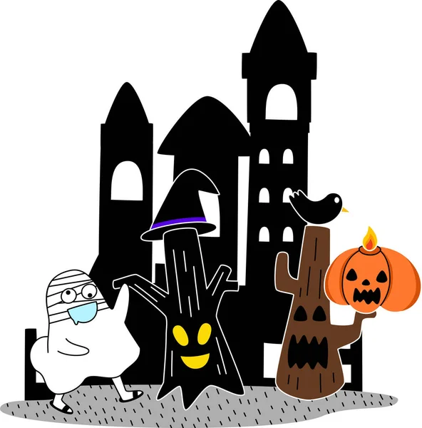 Cartoon Von Halloween Schloss Und Freunde Tanzen Auf Dem Boden — Stockvektor