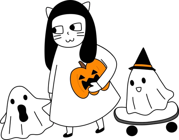 Caricature Groupe Amis Fantômes Halloween Simple Vecteur Ligne Dessin Main — Image vectorielle