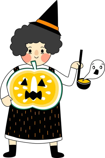 Cartoon Witch Faz Fantasma Sopa Abóbora Halloween Simples Bonito Mão —  Vetores de Stock