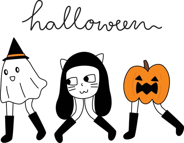 Karikatura Halloweenu Dlouhou Skupinou Duchů Jednoduché Roztomilé Ruční Kreslení Čáry — Stockový vektor