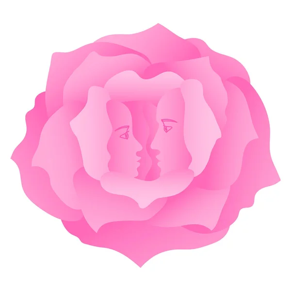 Birbirine aşık bir çift. Bir gül çiçeğinin içindeki aşıkların siluetleri. Romantik vektör çizimi.