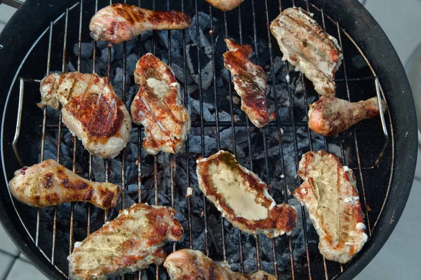 Bbq Delicious Grillad Gris Och Kycklingkött Över Glöden Grill Picknick — Stockfoto