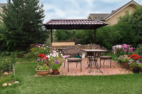 Задний двор Патио с камином и мебелью. Зелёная партия. Зона барбекю. Цветущие цветы
