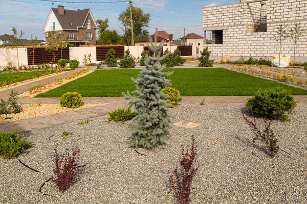 Yeşil çim ve kır evi. Peyzaj tasarımı. Yazlık evler yapım aşamasında