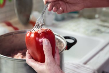 Kadın eller tatlı kırmızı biber kıyılmış et ve pilav ile doldurur. Ev yapımı demlenmiş doldurulmuş tatlı biber.