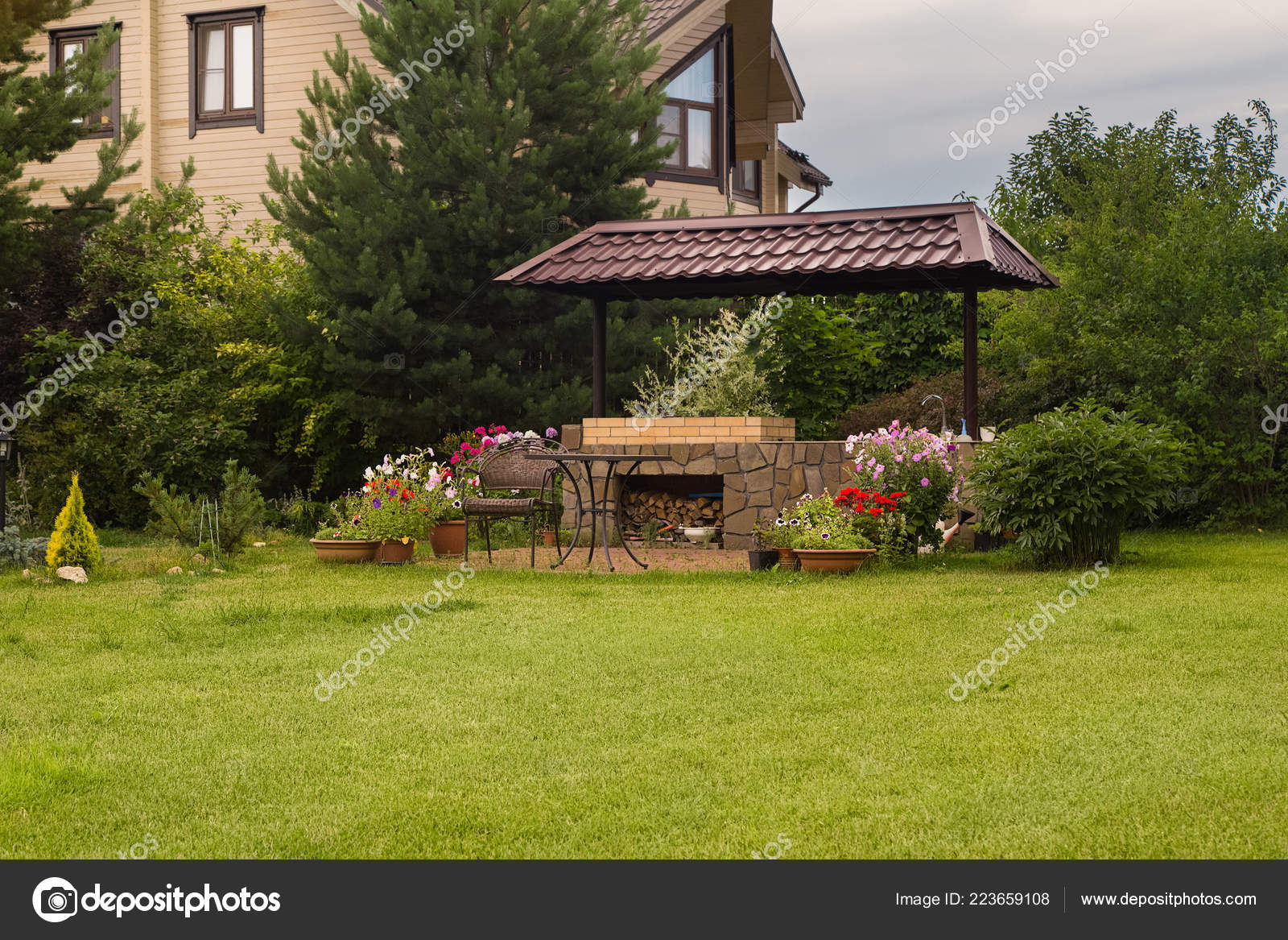 Backyard Patio Area Fireplace Furniture Green Party Area Barbecue