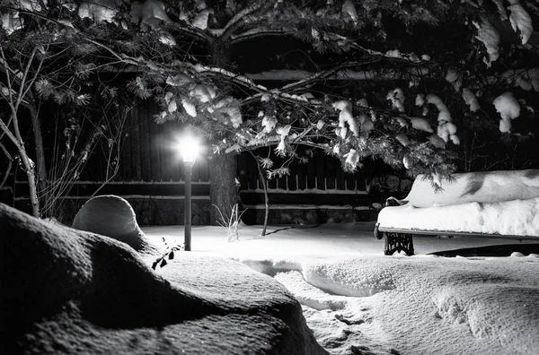 Garden light, wooden bench covered with snow. Winter night in snowy garden.  Black and white.
