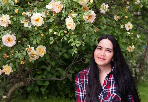 Young beautiful pretty brunette girl in a plaid shirt sitting on grass near bush of roses in blossom