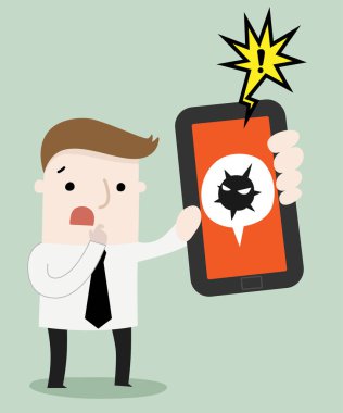 Cep telefonu virüs saldırısı, vektör ve illüstrasyon iş çizgi film karakteri