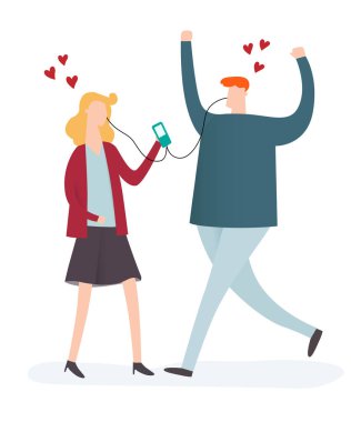 Lover dinleme ve dans müzik aşk şarkısı, vektör ve illüstrasyon iş çizgi film karakteri