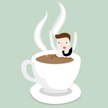 Kahve molasından sonra ferahlatıcı, vektör ve illüstrasyon iş çizgi film karakteri