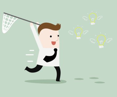 Havada fikir yakalama İşadamı, vektör ve illüstrasyon iş çizgi film karakteri