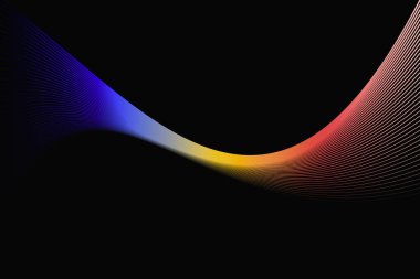 Renkli gökkuşağı çizgileri dalgası, kırmızı, sarı ve mavi tonlu soyut akış şekli, teknoloji tasarımı için modern dijital çizim.