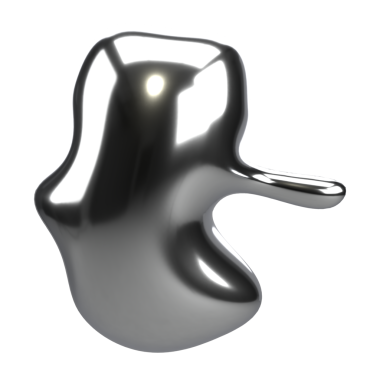 Yansıtıcı metalik şekil, organik kıvrımlı parlak sıvı damlası. Bilim, hareket ve yaratıcı yeniliği sembolize eden üç boyutlu sanat eseri.