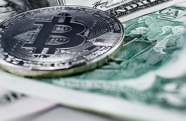 Bitcoin Mynt Oss Dollar Närbild Royaltyfria Stockfoton