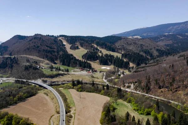 View Top Curved Road Passes River Going Distance Mountains — Stock Photo, Image