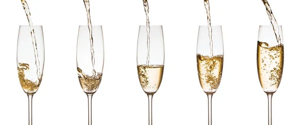 シャンパンは 白い背景にメガネに注がれています コラージュ — ストック写真