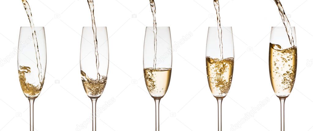 Champagne is poured into glasses on a white background, collage