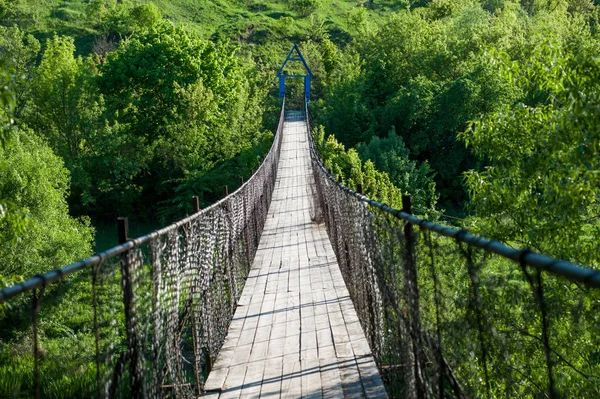 Taze Yeşilliklerin Arka Planında Eski Asma Köprü — Stok fotoğraf