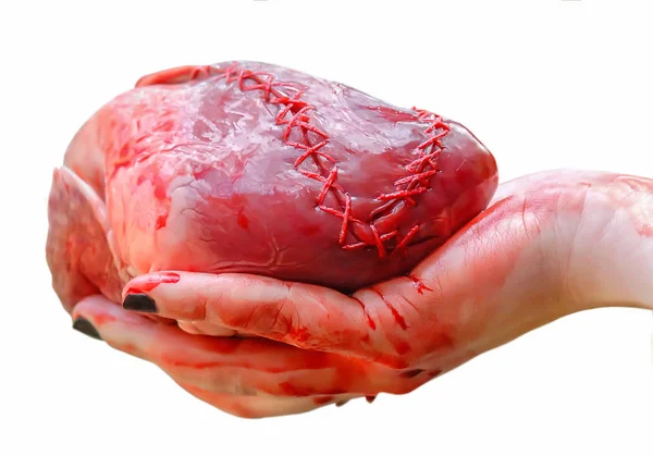 Bir el, beyaz bir arka plan üzerinde kan olan gerçek bir insan kalbini tutuyor. Kalp iplikle dikilir.