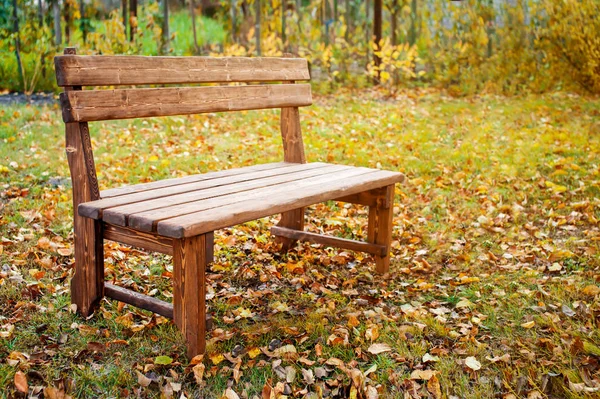 Beautiful Wooden Bench Rustic Style Autumn Background Yellow Foliage Grass — Stock Photo, Image
