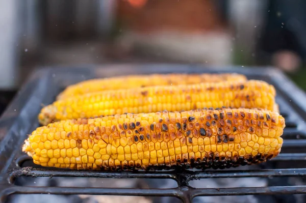 Olgun sarı mısır ızgarada. Barbekü ve ızgara. Yumuşak arkaplan
