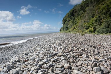 Yeşil bitki örtüsüyle kaplı bir uçurumun dibindeki uzun çakıl taşı plajı.