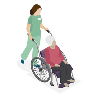 Sırtı ağrıyan yaşlı bir kadın. Yaşlı kadın tekerlekli sandalye kullanıyor. Tıbbi personelin gözetimindeki kadın hasta. Bölüm 2. 3d izometrik düz illüstrasyon.