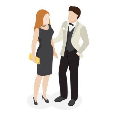 Kutlama ve parti için resmi kıyafet giyen bir çift. Muhteşem giysiler içinde mutlu erkekler ve kadınlar. Beyaz arkaplanda yüzü olmayan izometrik biçimdeki vektör illüstrasyonu.