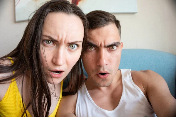 Large Portrait Selfie Young Couple Grimacing Front Camera — Stock Photo, Image