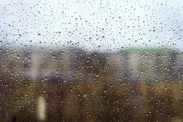 Water Drops Rain Window Glass Urban Landscape Tinted — Stock Photo, Image