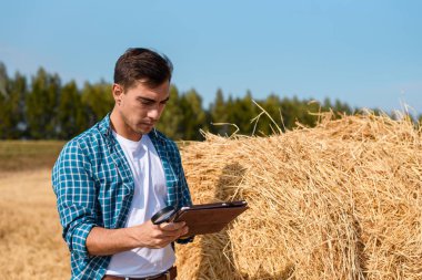 Alan, hasat, sanayi, tarım, değerleme, iş samanlıkta yanındaki tablet ile genç çiftçi