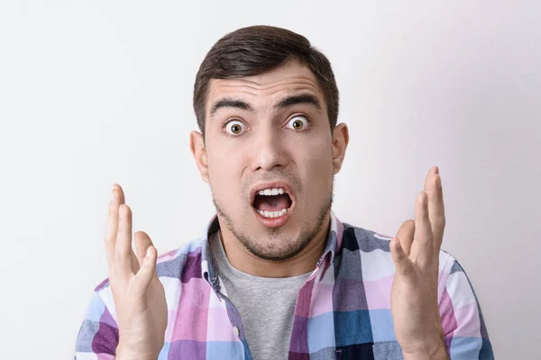 Close-up portrait of Caucasian shocked man, with open mouth, raised hands and bulging eyes — Stock Photo, Image