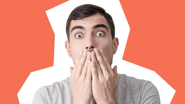 Pop art collage, portrait of a surprised man with bulging eyes and closed mouth hands — Stock Photo, Image