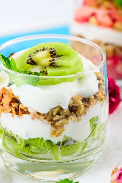 Vertikale Nahaufnahme von gesundem veganem Frühstück, Kiwi-Dessert, Müsli und Ricotta — Stockfoto