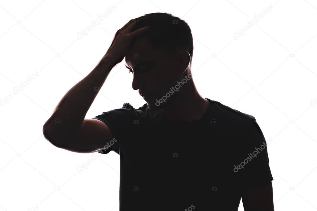 Silhouette portrait of Caucasian man thoughtful look, front view holding hand head, Homer pose looking down, isolated on white background
